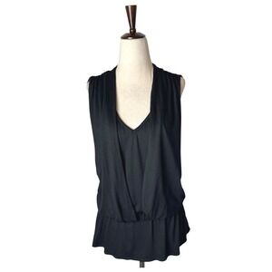Trina Turk Shirt Women Medium Black V Neck Draped Peplum Top Whimsygoth Gothic